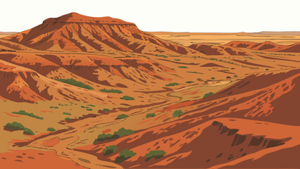 A panoramic mountain landscape meets a vast desert wilderness under a sunset sky, featuring rolling red sand dunes and arid rock patterns for a hot travel adventure