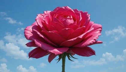 A large vibrant pink rose with a green stem prominently displayed against a clear blue sky and white clouds