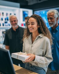 Young woman with gift box in electronics store with two smiling older men in the background