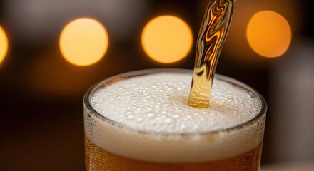 Close Up Golden Liquid Pouring Into Frothy Pale Beer Glass