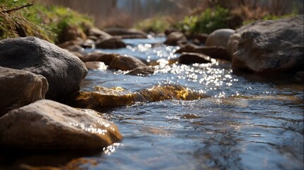 Serene stream flowing over rocks with sunlight shimmering on the clear water
