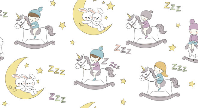 Charming seamless pattern for children featuring babies on rocking unicorns bunnies sleeping on crescent moons and yellow stars on white.