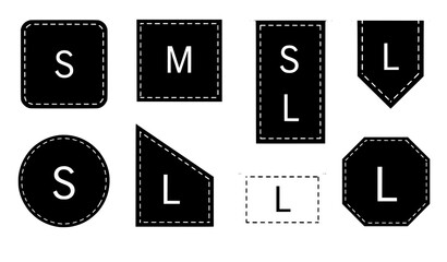 Black dashed size label tag collection vector with small medium large clothing sizes isolated