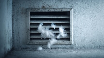 White feathers trapped in a dusty air vent grille on a concrete wall, moody industrial interior close-up. AI generative