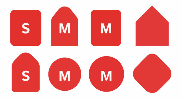 Red clothing size label tag vector set with small medium large shopping tags isolated on white