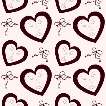 Seamless vector Valentine's pattern with line-art faces in hearts and delicate bows. Symbolizes emotional connection, co-dependency, and the art of modern love.
