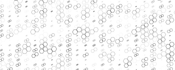 Seamless Abstract Hexagon Pattern in Black and White: A Modern Geometric Vector Design Reflecting Futuristic Technology Aesthetics.