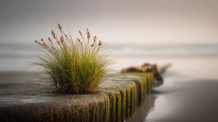 Frost-covered grass blades beside icy pavement at sunrise with soft bokeh and shallow depth of field. AI generative