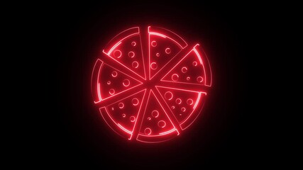 red LED neon sign in the shape of a sliced pizza. It is designed to look like a pizza that has been cut into eight slices. light 4k animation