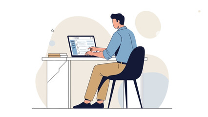 Man working on laptop at desk, modern flat illustration for business and education