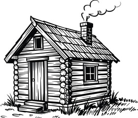 Log Cabin House with Chimney Line Art Illustration.