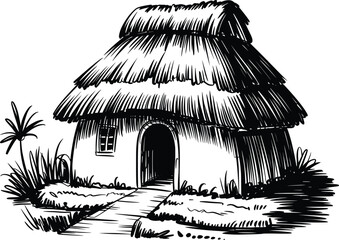 Rustic Wooden Hut Cabin Line Art Illustration.