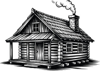 Log Cabin House with Chimney Line Art Illustration.