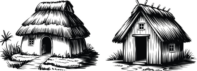 Thatched Hut and Rustic Cabin Illustrations, Vintage Hand-Drawn Rural Dwellings.