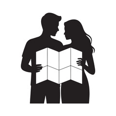 Couple is holding generic folded map silhouette vector illustration design for travel concept on transparent background