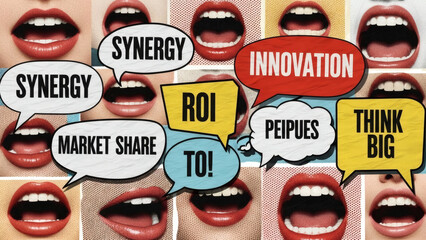 Vibrant business concepts bursting from open mouths in colorful pop art style