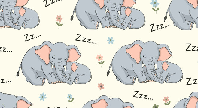 Sweet seamless pattern of mother and baby elephants sleeping together among small flowers with Zzz text on a light background.