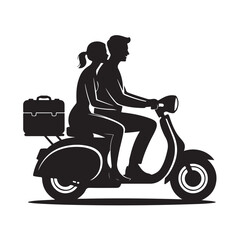 Couple Silhouette Riding Scooter with Luggage Trunk Together in Black Color Isolated on Checked Background for Graphic Design Element or Transportation Concept