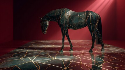 Chinese New Year Zodiac Horse Geometric Gold Inlaid Sculpture on Red Background with Spotlight. AI generative