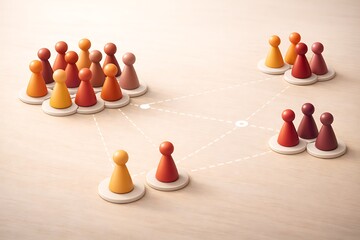 Groups of Colorful Wooden Pawns Connected by Dotted Lines Representing Market Segmentation and Community Networks