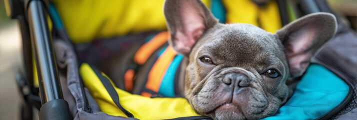 A small French Bulldog rests comfortably in a sporty stroller. The vibrant city park surroundings create a cheerful atmosphere, perfect for a day out with pets, banner