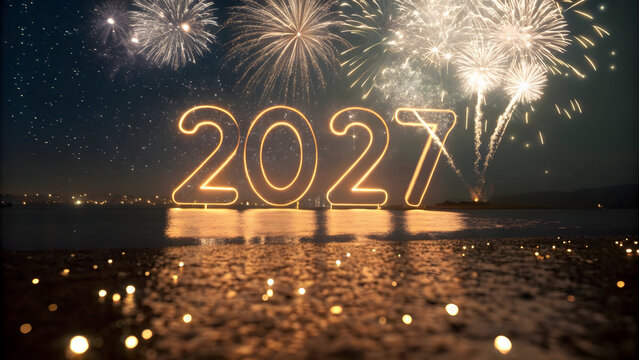 Celebrate New Year's Eve 2027 with a Spectacular Fireworks Display Over the Water at Night, Glowing Numbers, " Cinematic, Festive