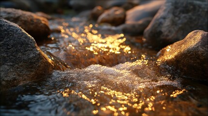 Golden hour sunlight creates shimmering reflections on the surface of a flowing stream with visible rocks and ripples