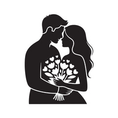 Romantic Silhouette Couple Holding Bouquet White Flowers Valentines Day Man Woman Embrace Lovely Tender Moment Dating Wedding Love Honeymoon Black Vector Illustration