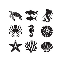 Set of Sea Animals and Sea Life in Black Silhouette Isolated on Transparent Background for Marine Life Concept or Graphic Design Element