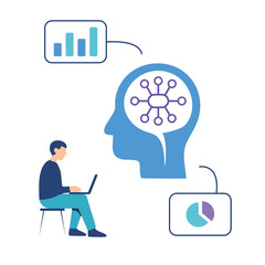 Conceptual illustration of data analysis, featuring a person working on a laptop, a human head with neural network, and data visualizations. 