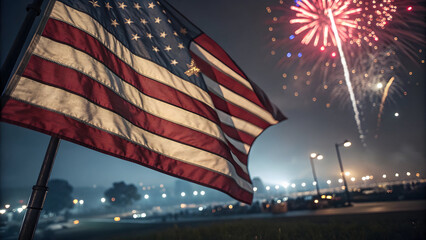 Waving American flag at night with vibrant fireworks exploding overhead, celebrating patriotism and national holidays, cinematic style.