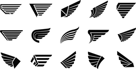 Black geometric wing icons and stylized feather emblem designs arranged in rows for logos, branding, and graphic decoration © MstTanzila