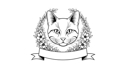 Obraz premium Detailed line art sketch of a cat head centered in a floral wreath above a blank ribbon banner for text on white.