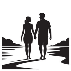 Silhouette illustration of couple walking along shore in love together isolated on transparent background vector art design concept for summer beach
