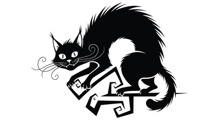 Solid black silhouette of an angry or scared cat with an arched back and raised fur stands on a jagged tree branch.