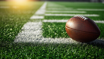 American football rests on bright green grass field near white boundary line. Sunny day casts long shadow on turf