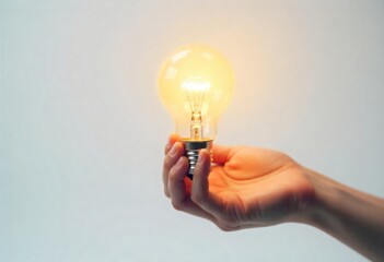 A human hand gently holds a brightly glowing light bulb, symbolizing a brilliant new idea, creative inspiration, and the spark of innovation that illuminates the path to success and problem-solving