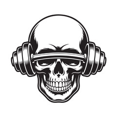Skull lifting barbell vector concept in retro style monochrome dead head wearing headphone fitness bodybuilding workout sport skull graphic illustration isolated