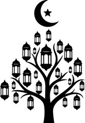 Islamic lantern tree vector illustration with crescent star isolated on transparent background