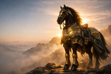 Armored horse standing on mountain peak at sunset