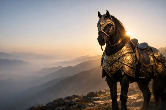 Black horse wearing ornate golden armor at sunrise