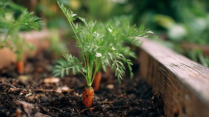 Close-up of young carrots growing in a garden bed with wooden sides, shallow focus