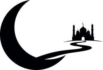Minimalist islamic mosque and crescent moon silhouette vector illustration isolated on transparent background