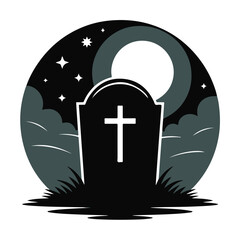 Tombstone grave illustration vector graveyard headstone with moon and cloud in night cemetery burial site monument and cross in park isolated on white background