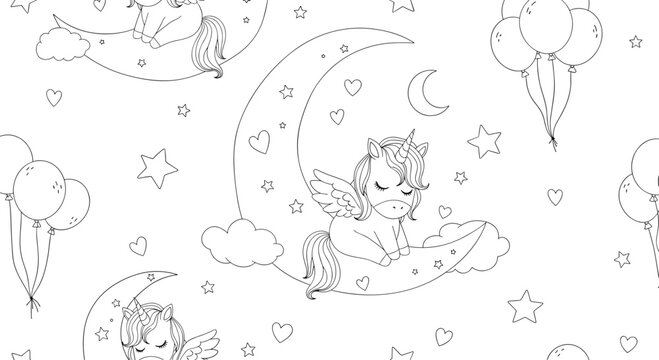 Seamless pattern featuring cute winged unicorns sleeping on crescent moons with clouds, stars, and bunches of balloons.