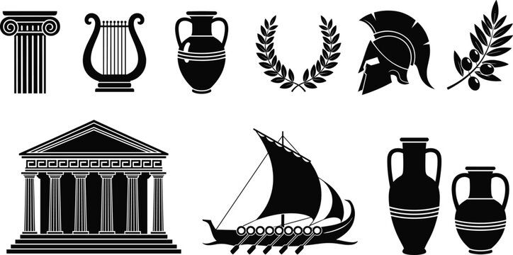 Silhouettes of ancient Greek symbols including pottery, architecture, armor, musical instruments, and laurel wreaths representing classical culture