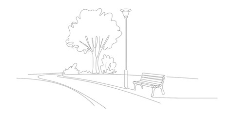 Obraz premium A serene park scene with a winding path, lush tree, and a solitary bench Vector, illustration