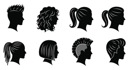 Diverse collection of female and male hairstyles displayed as striking black silhouettes © Kuntol02