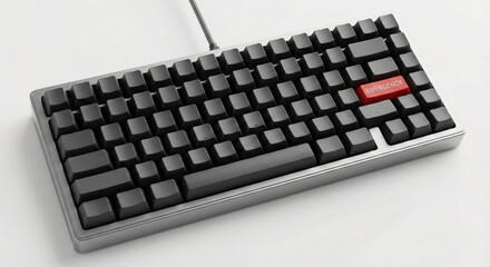 Compact mechanical gaming keyboard with black keys and red accent key on white background