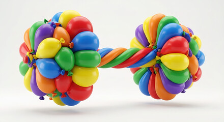 Colorful abstract spherical objects with swirling rainbow patterns and flowing ribbons on white background